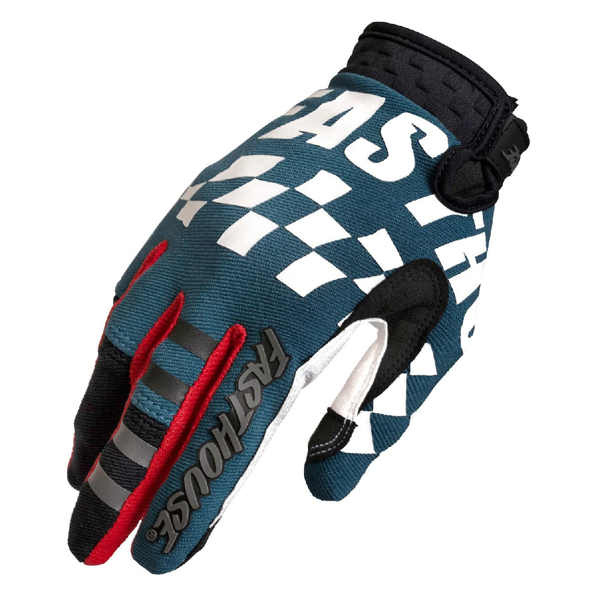 Motocross riding gloves, teal blue checkered pattern with red logo accents, black cuff