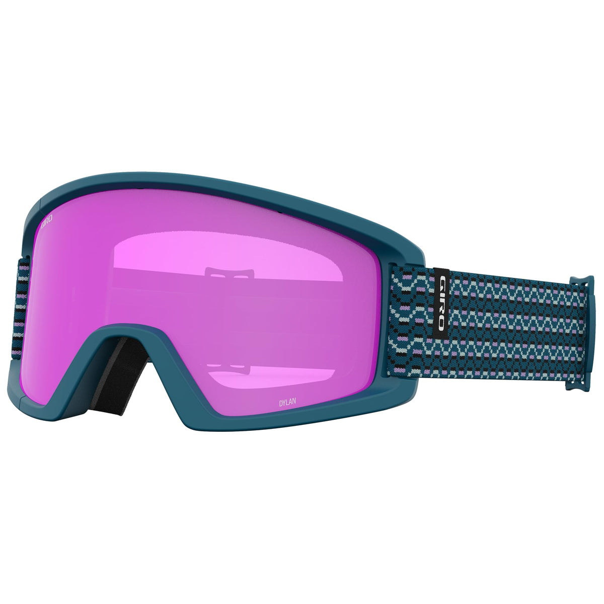 Teal snow goggles with purple mirrored lens and blue geometric strap