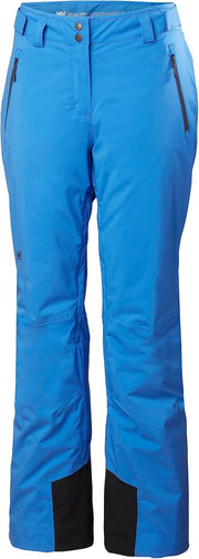 Women's insulated ski pants in bright blue with zip fly, belt loops, and black knee panels