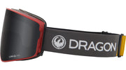 Dragon PXV2 snow goggles with dark lens, red frame, gray strap and yellow buckle