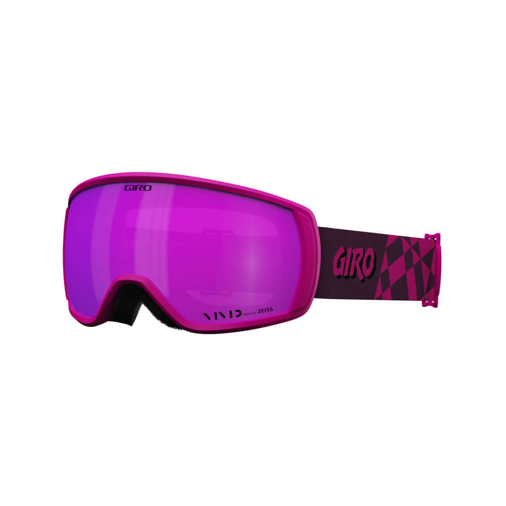 Women’s pink ski goggle with purple mirror lens and GIRO logo strap