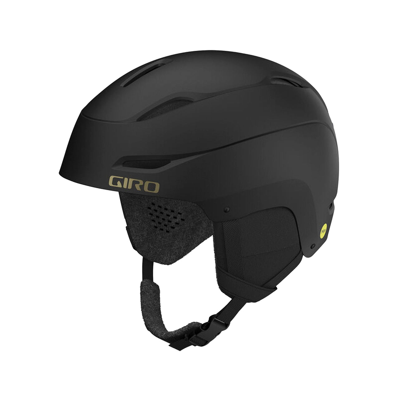 Matte black bike helmet with MIPS, side closure panel, vented ear pad and chin strap