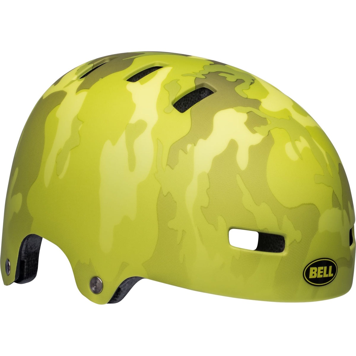 Youth safety helmet, matte hi-viz yellow camo with black vents and BELL logo