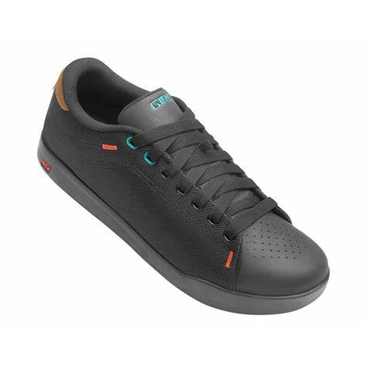 Black low-top sneaker shoe with laces, perforated toe, and Giro logo