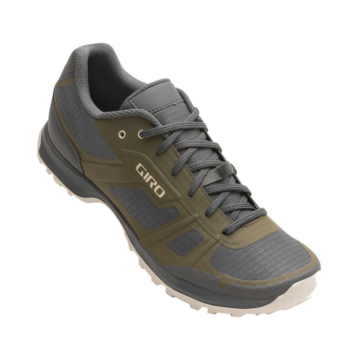 Women's gray and olive lace-up trail shoe with cushioned collar and rubber tread
