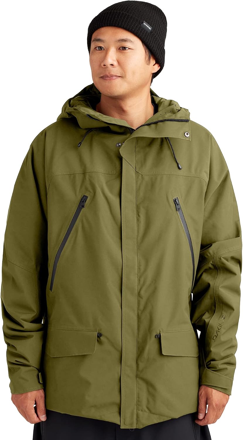 Dakine men's insulated parka, olive green with hood, front zip and drawstring.