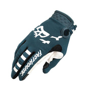 Youth motocross gloves, teal/blue with white horse graphic and black accents