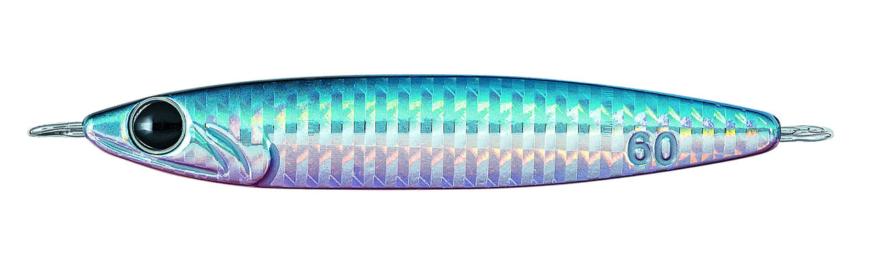Daiwa metal casting lure, bright blue-pink hologram, reflective scales, minnow shape, 60