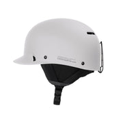 Matte white low-profile ski helmet with front vent and black chin strap