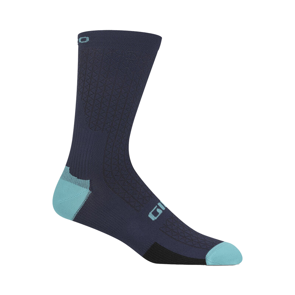 Giro HRc Team sock in phantom blue with geometric knit pattern and teal heel toe