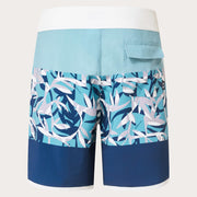 Men's Oakley 19-in board shorts with light blue waistband and navy abstract print