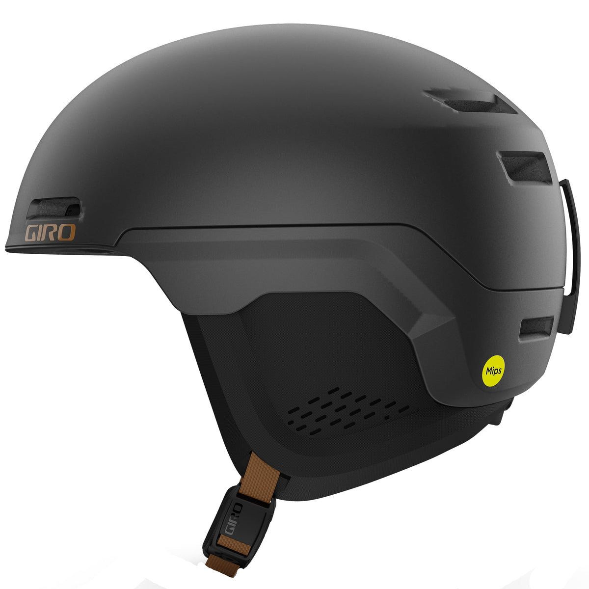 Dark charcoal snow helmet with vented shell, chin strap with brown webbing, and side vents