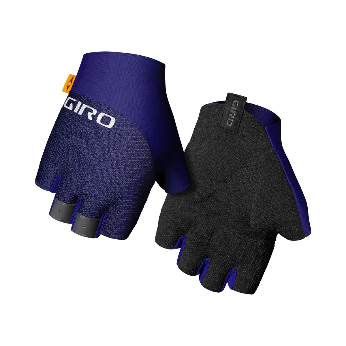 Midnight blue and black cycling gloves with textured grip and adjustable wrist tab