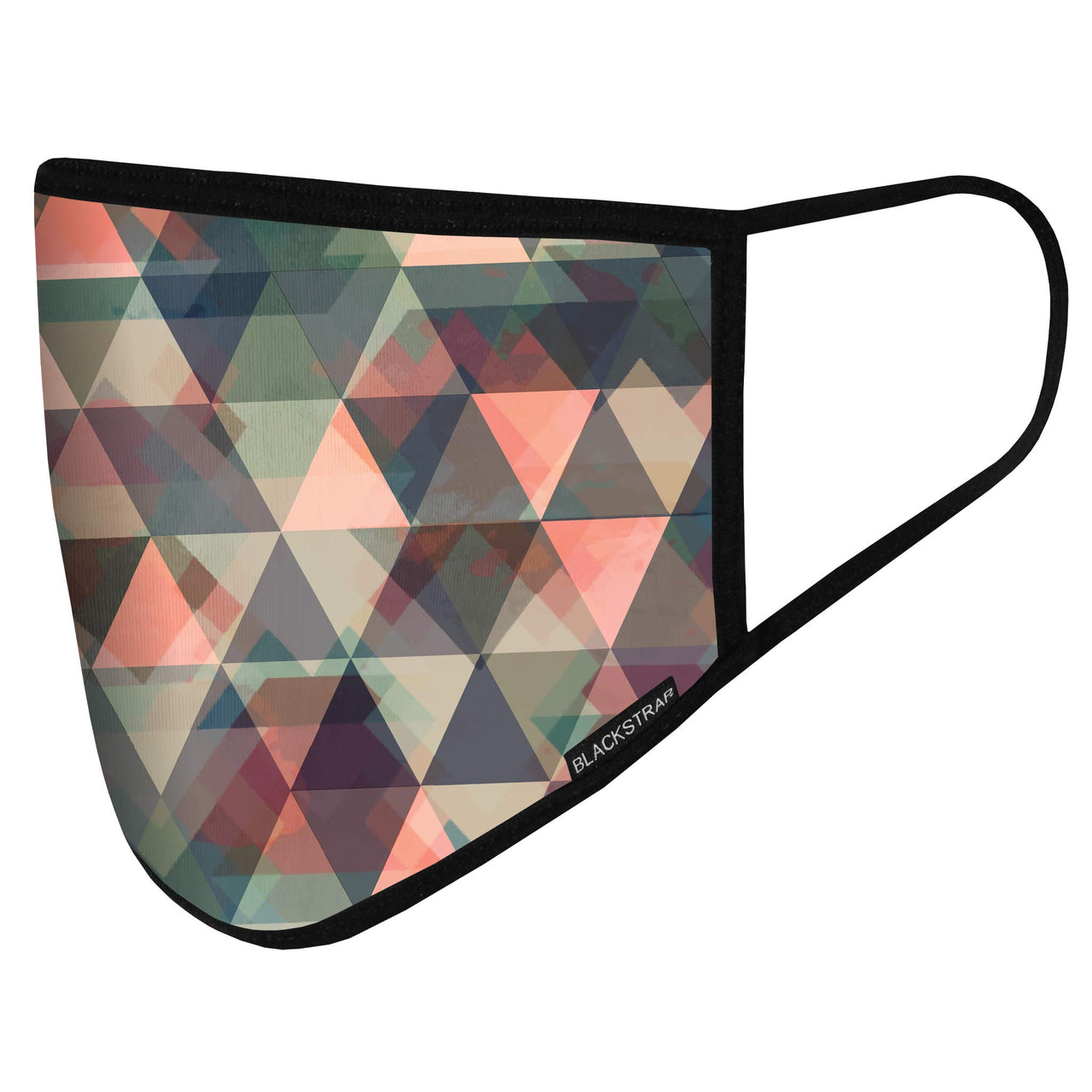 Civil facemask with multicolor geometric triangle print and black trim, ear loop at side