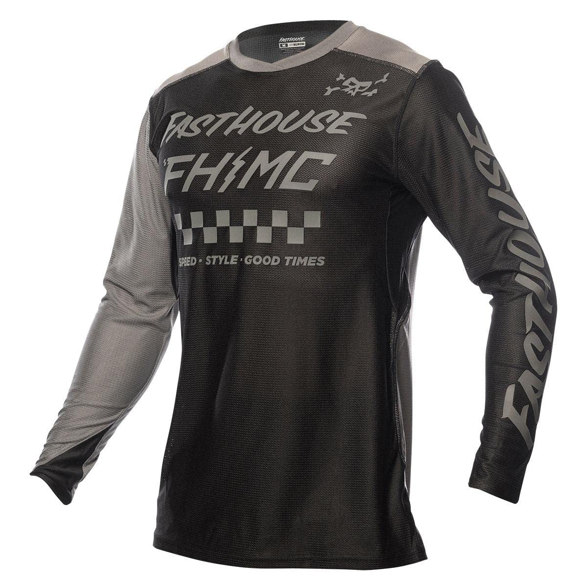 Black long-sleeve motocross jersey with large front graphic and checkered panel