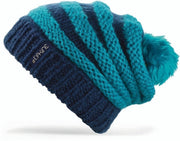 Dakine women's knit beanie, teal and navy striped rib with faux-fur pom