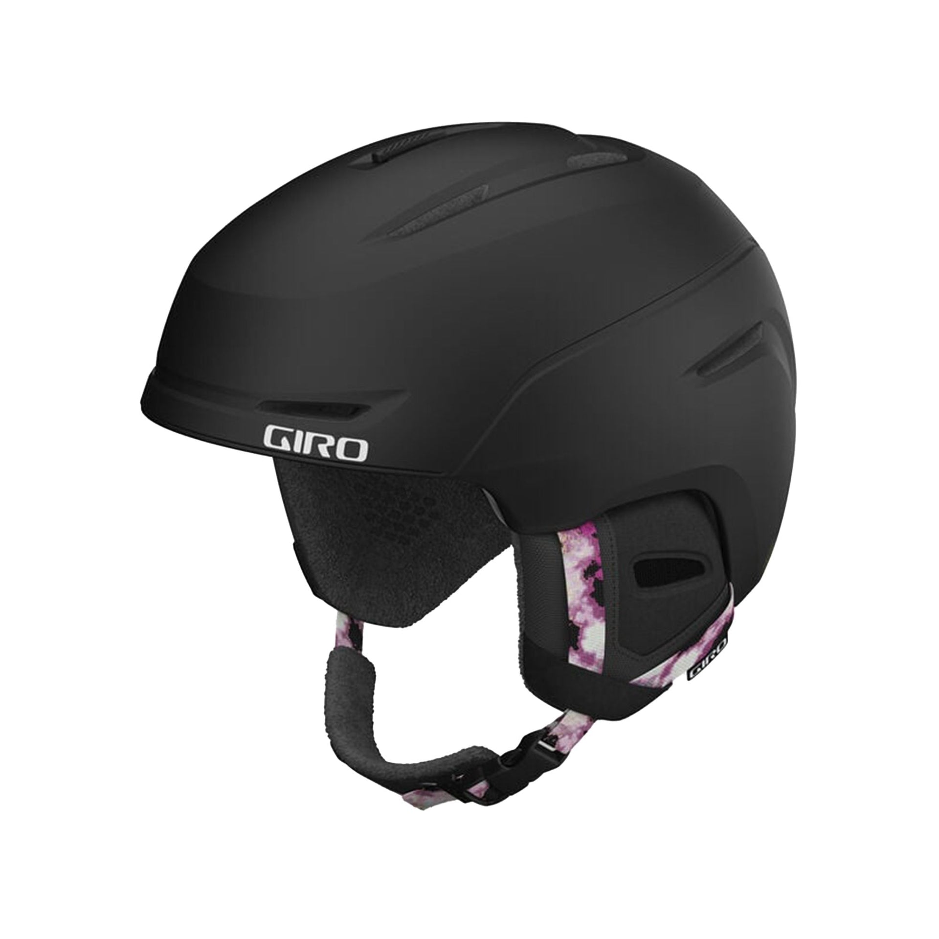 Women's bike helmet in matte black with patterned inner padding and chin strap