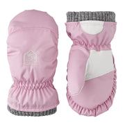 Kids rose pink winter mittens with rib knit cuffs and white thumb overlay