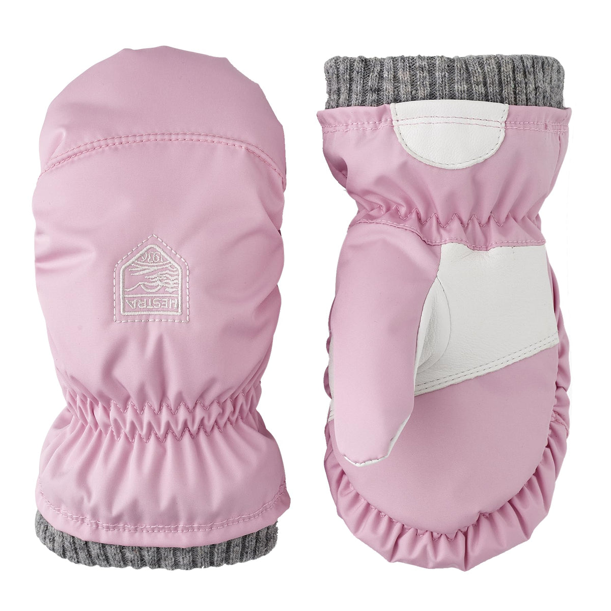 Kids rose pink winter mittens with rib knit cuffs and white thumb overlay