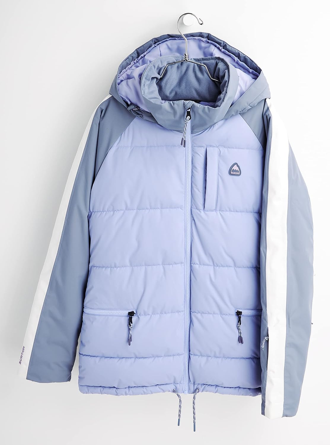 Women's hooded insulated jacket in light purple/blue, full-zip front with two zip pockets.