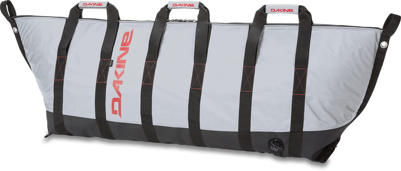 Freestanding fish bag with gray-and-white panels and black webbing straps, Dakine logo