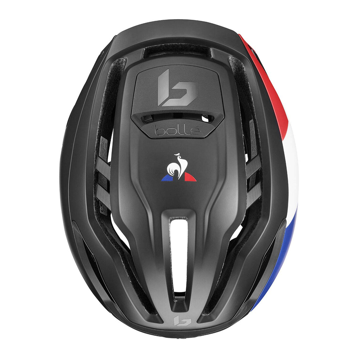 Black road bike helmet top view with blue and red accent panel and vents