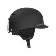 Black sport snow helmet with chin strap and side ventilation