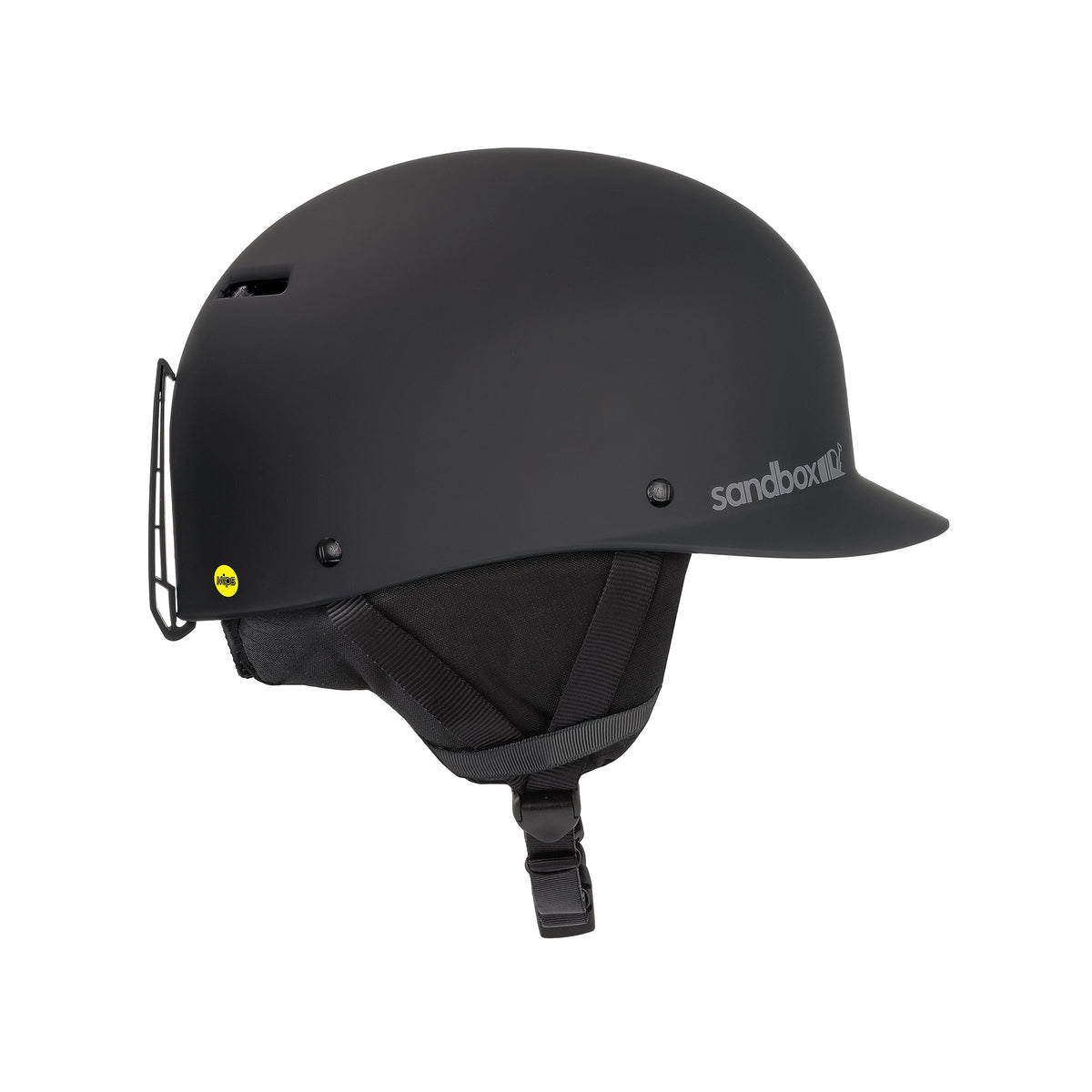Black sport snow helmet with chin strap and side ventilation