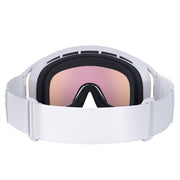 White ski goggles with black inner gasket and mirrored lens