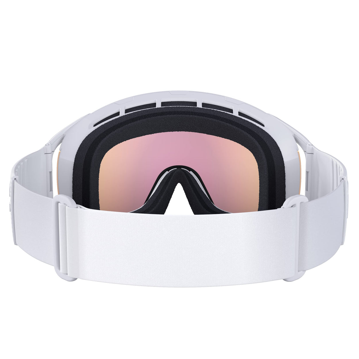 White ski goggles with black inner gasket and mirrored lens