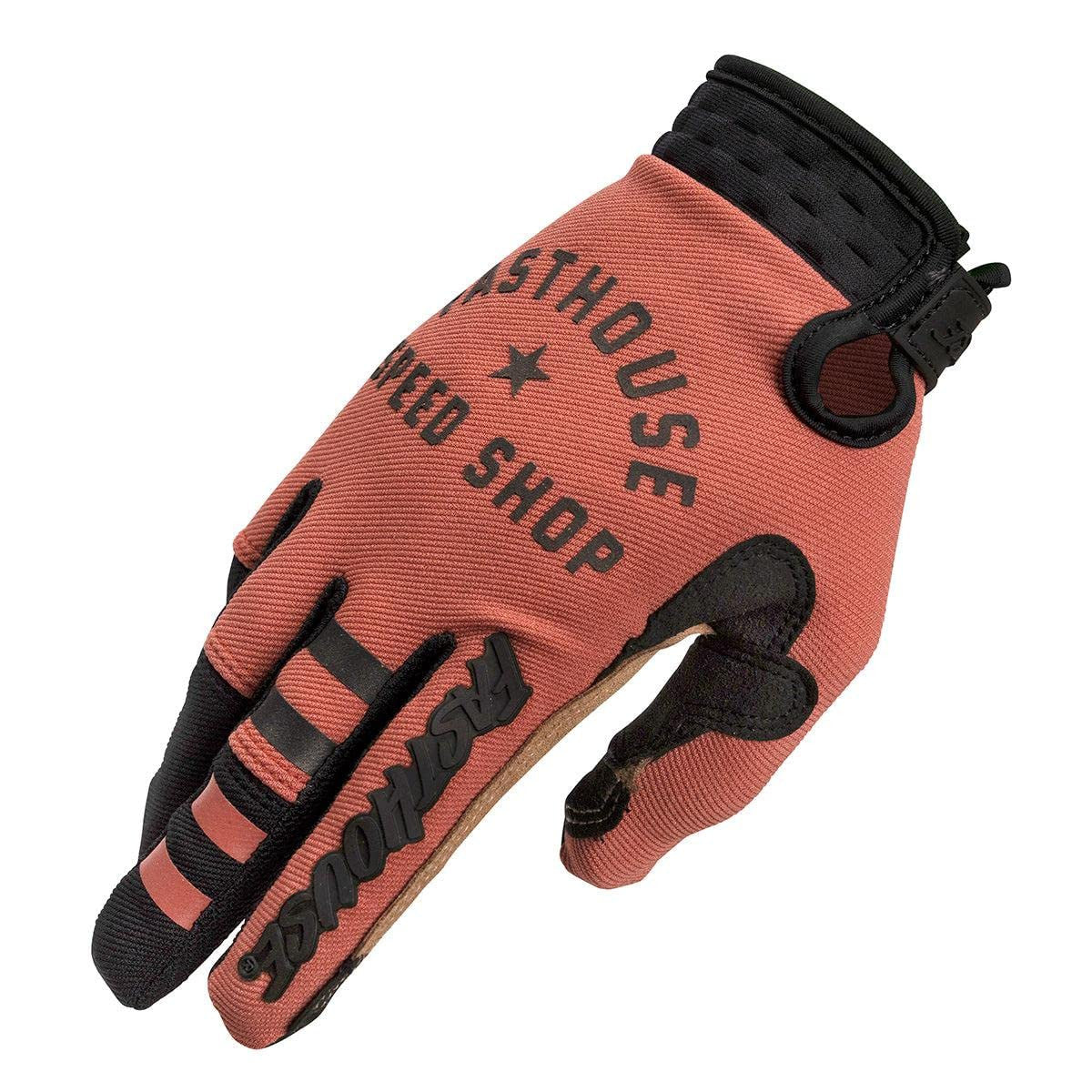 Rust orange motorcycle riding glove with black lettering across the back and knuckle padding