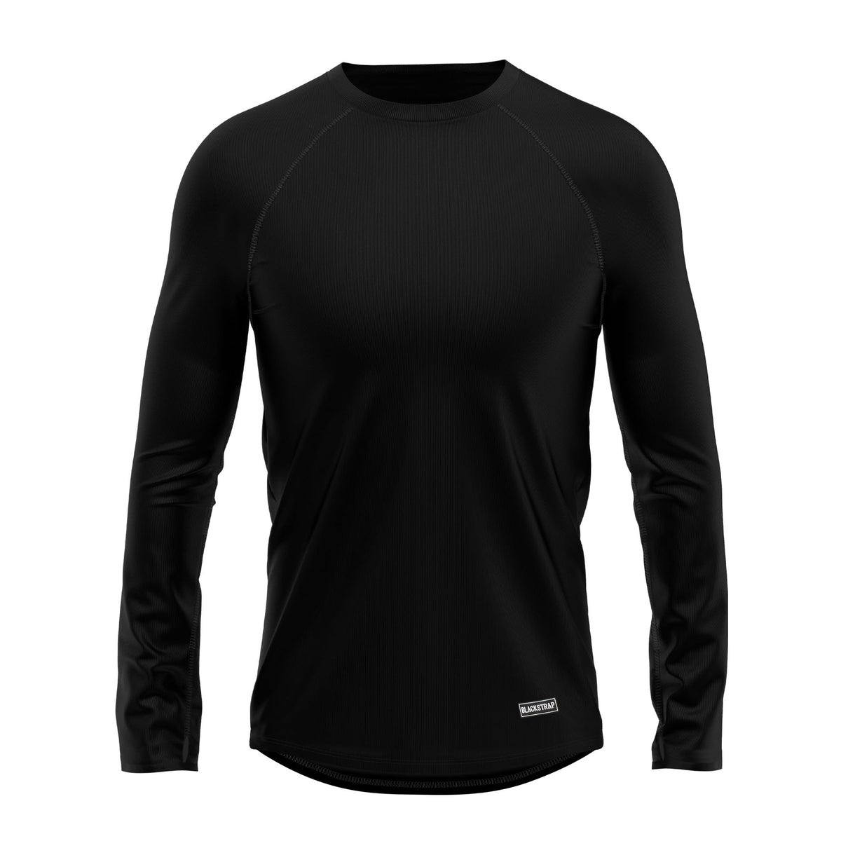 Black long-sleeve crew top with small chest logo