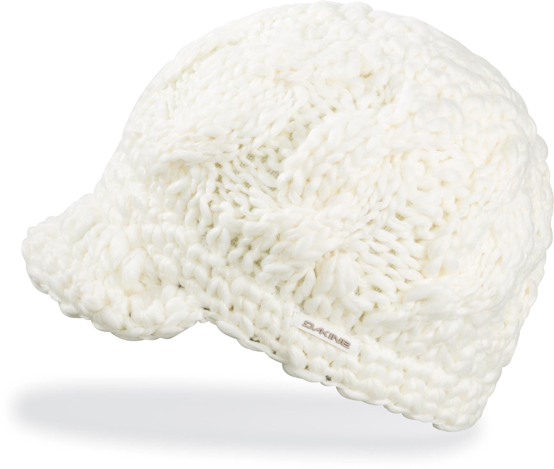 Women’s knit beanie, white chunky textured yarn with small front logo patch