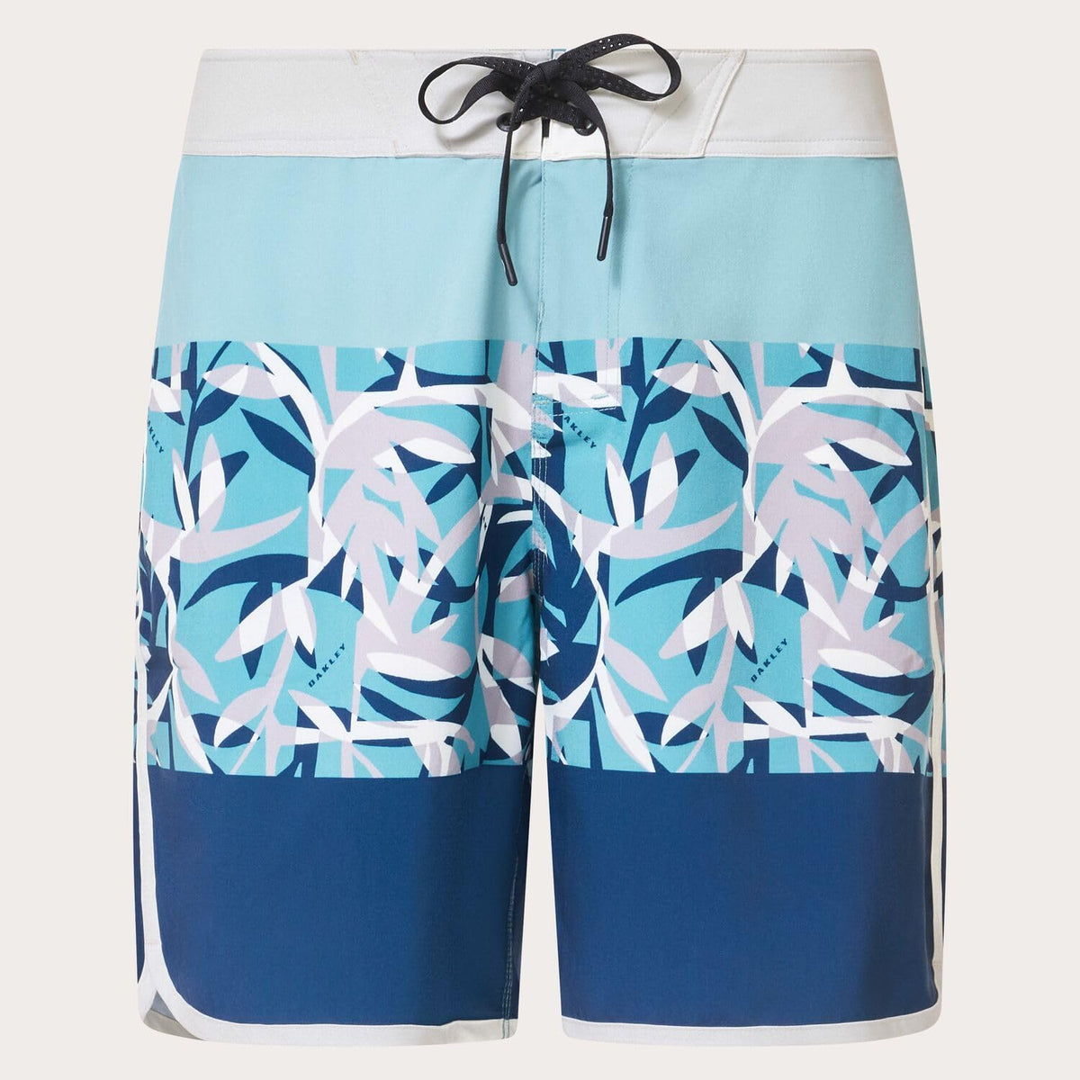 Men's Oakley 19-in board shorts with light blue and navy abstract leaf print