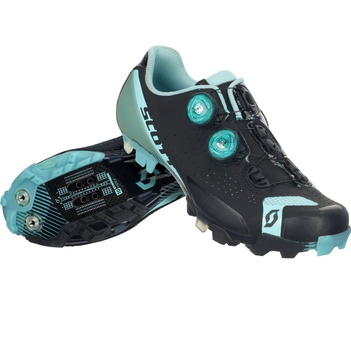 Women’s MTB RC cycling shoe in matte black with turquoise accents and rugged tread