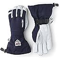 Navy Hestra leather ski gloves with white palm panel, wrist strap, and hanging loop