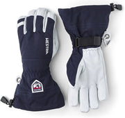 Navy and white Hestra leather ski gloves with wrist strap, stitched cuff, and ring