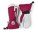 Red fuchsia junior ski mittens with white cuffs, logo patch, and adjustable wrist strap