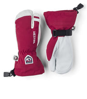 Red fuchsia junior ski mittens with white palms, logo patch, and wrist buckle strap