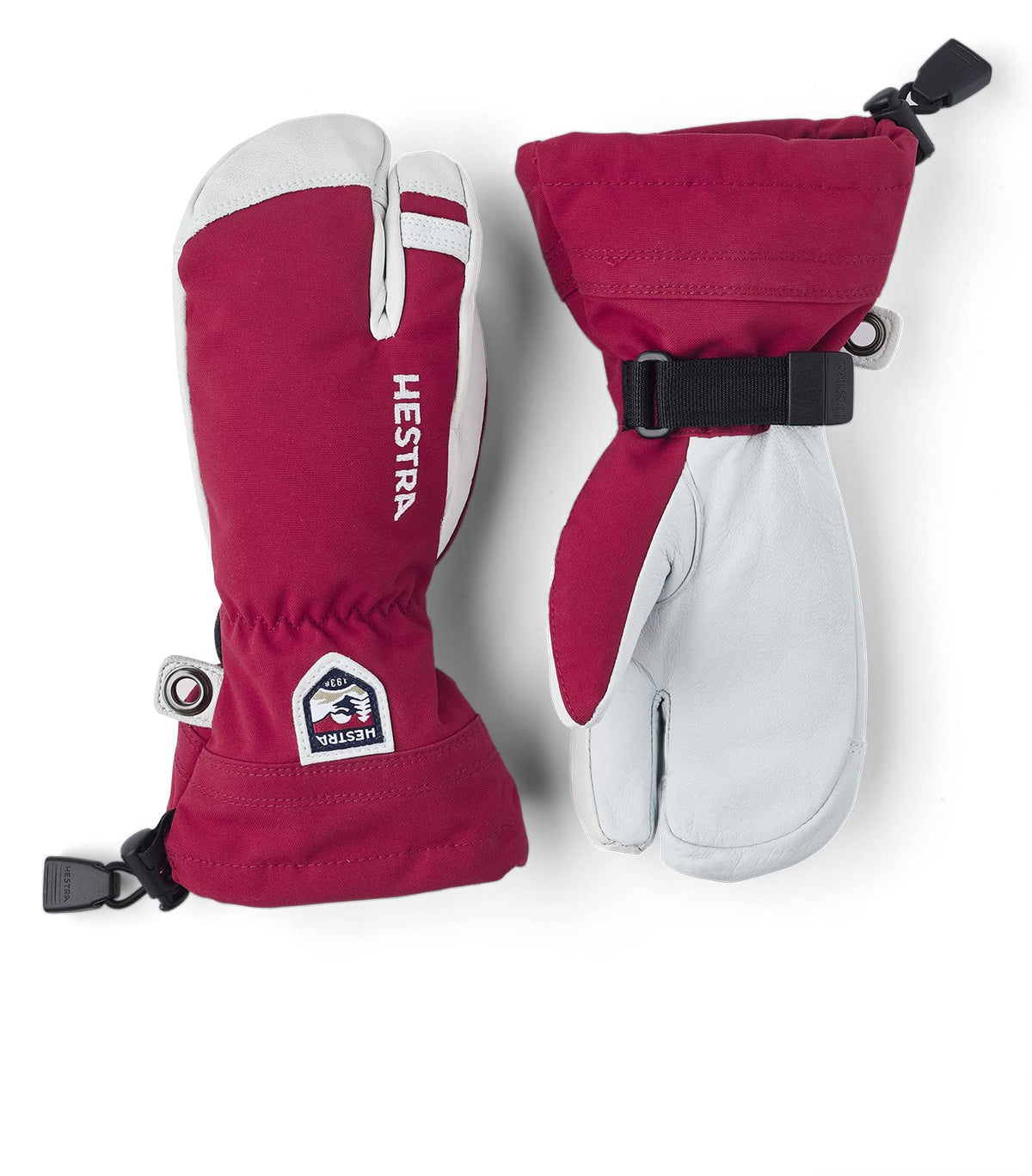 Red fuchsia junior ski mittens with white palms, logo patch, and wrist buckle strap