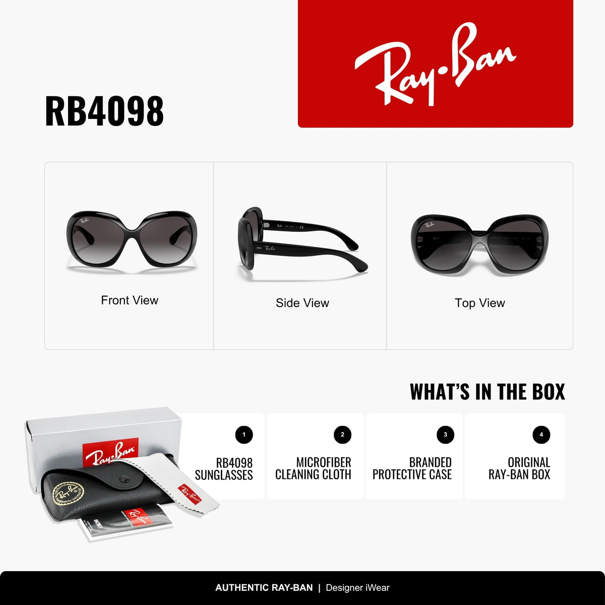 RB4098 black sunglasses shown in front, side, and top view thumbnails