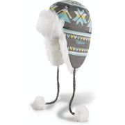 DAKINE faux fur lined beanie, grey knit with white pom and long braided earflaps
