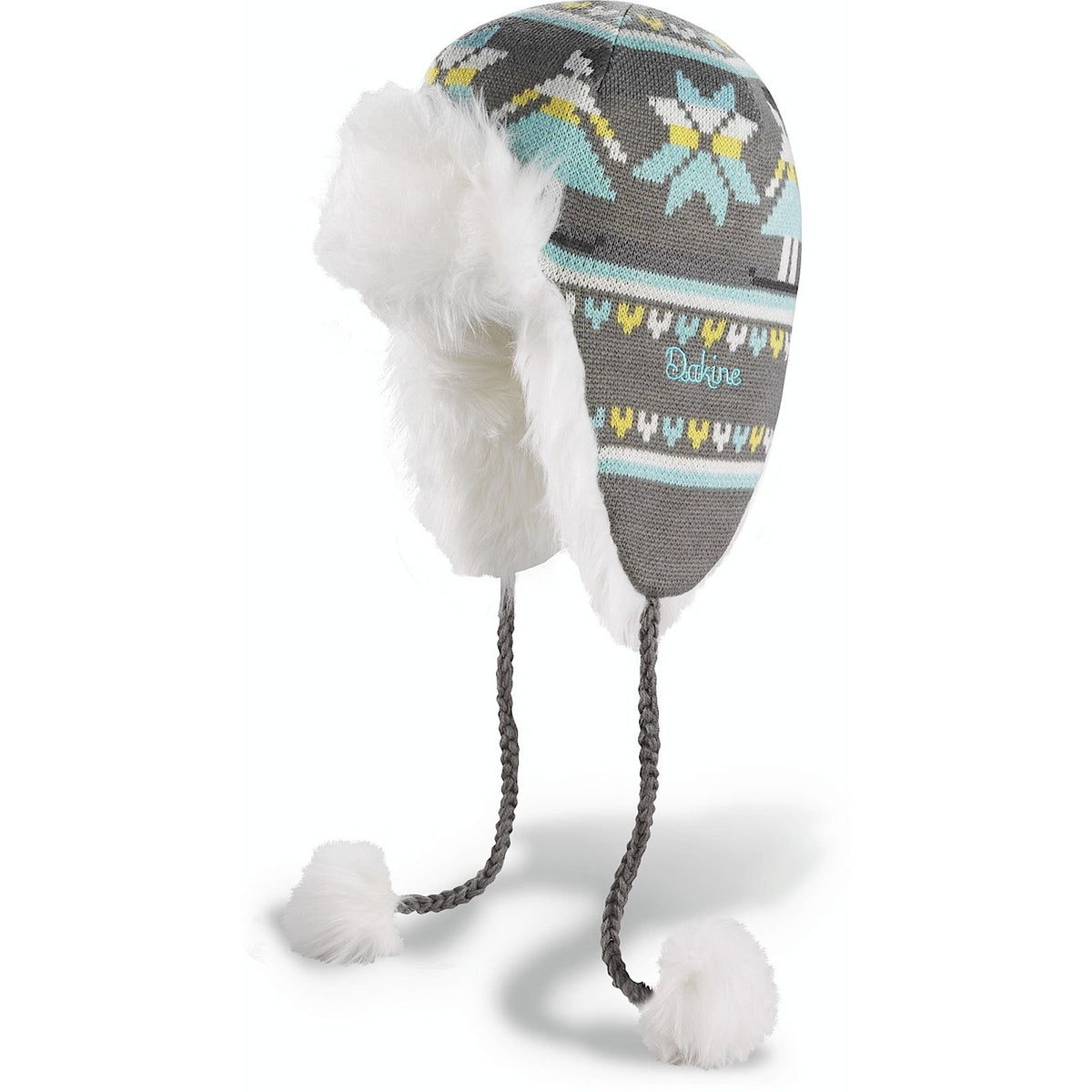 DAKINE faux fur lined beanie, grey knit with white pom and long braided earflaps