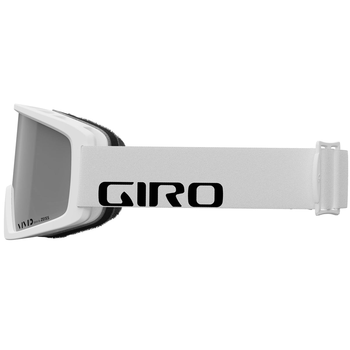 White snow goggles with GIRO logo on strap and dark lens side profile
