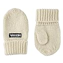 Offwhite knit baby mittens, ribbed cuff, curved thumb and logo label