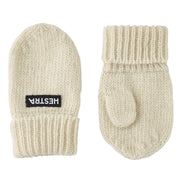 Offwhite knit baby mittens with ribbed cuff and black logo label
