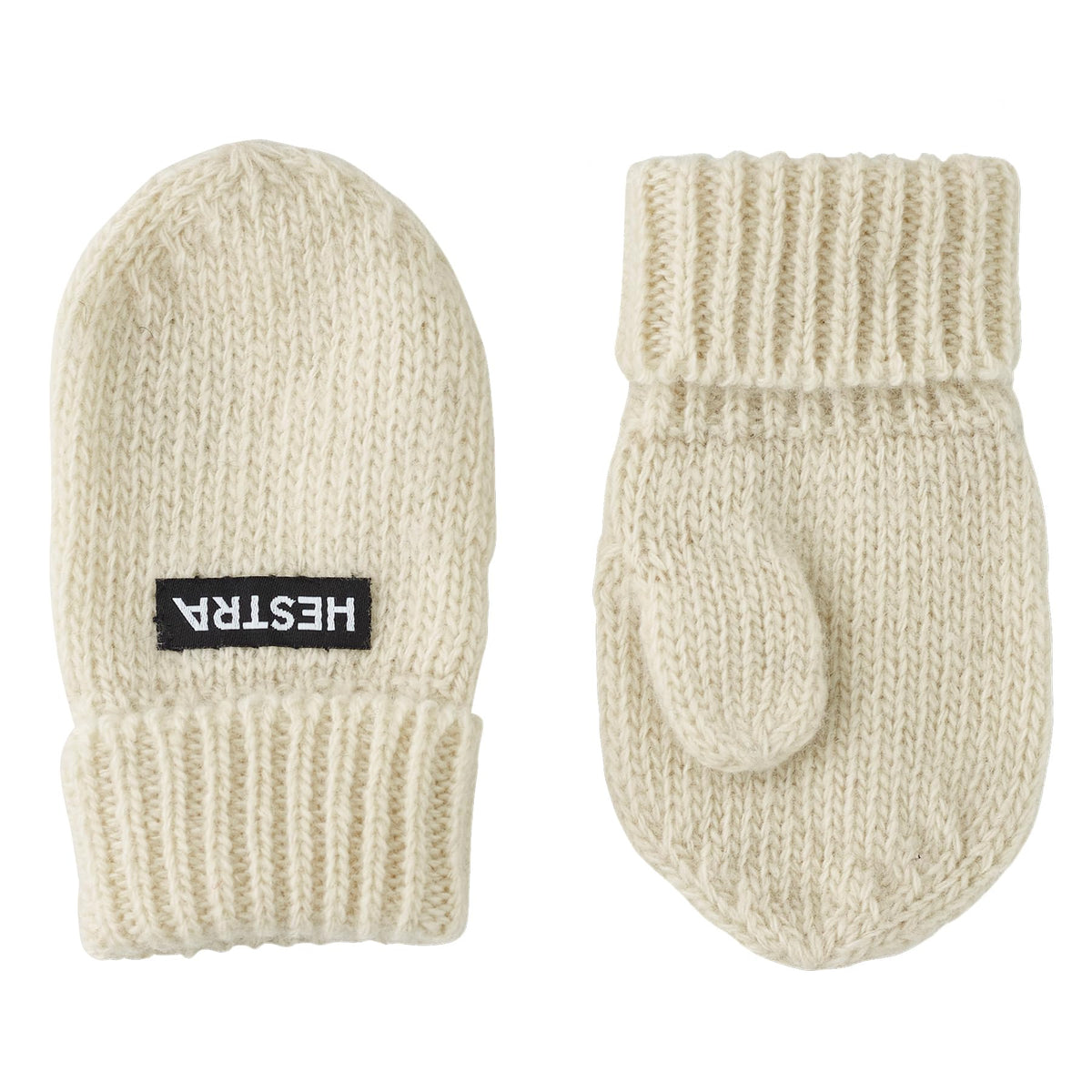 Offwhite knit baby mittens with ribbed cuff and black logo label