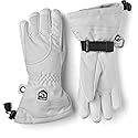 Hestra women’s heli-ski gloves in light grey with offwhite accents, top cuff strap