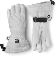 Hestra women’s heli-ski gloves in light grey with offwhite shell, wrist pull strap