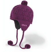 Dakine women's knit beanie in plum purple, chunky rib with earflaps and pom-pom ties